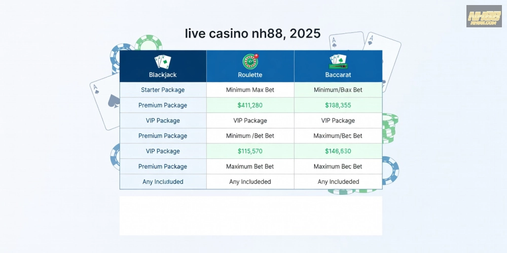 Bảng giá chi tiết các gói chơi live casino nh88 cập nhật 2025