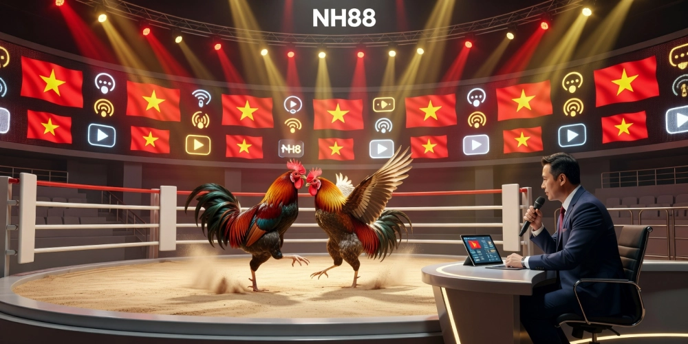 Minh họa khái niệm đá gà với bình luận viên chuyên nghiệp trên nền tảng NH88