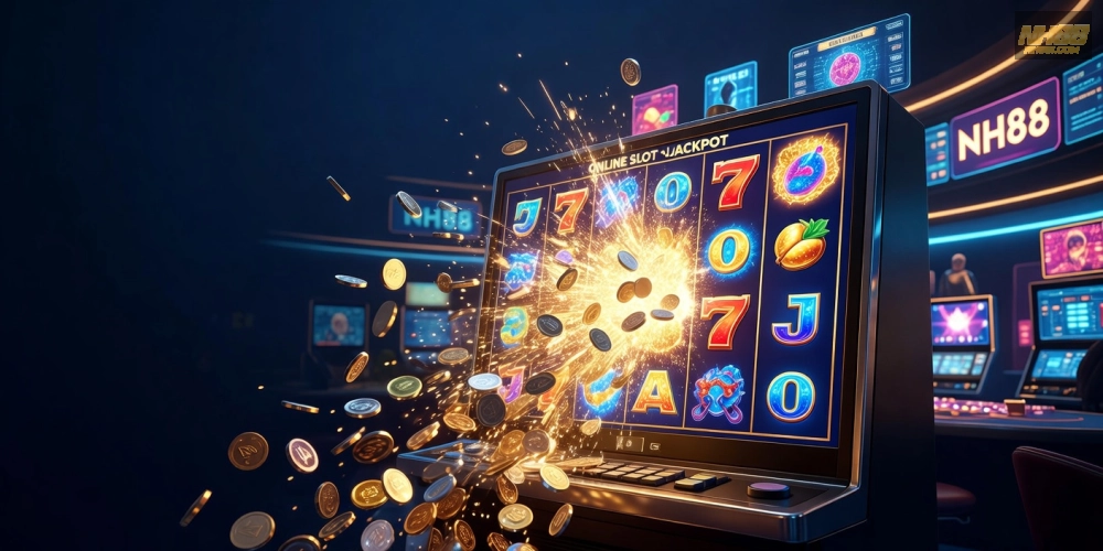 Hình minh họa cơ chế nổ hũ jackpot trên nền tảng NH88 với hiệu ứng ánh sáng rực rỡ