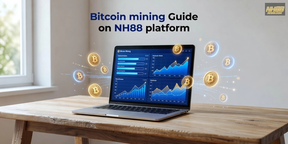 Minh họa khái niệm đào bitcoin trên nền tảng nh88 với giao diện đơn giản và biểu đồ lợi nhuận